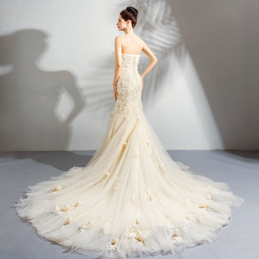 Romantic Light Champagne Mermaid Wedding Dress Sweetheart Lace Flower Fishtail Wedding