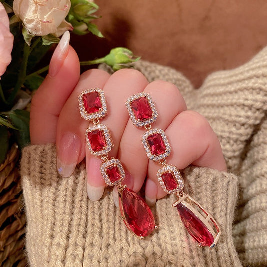 Ruby drop earrings wedding banquet light luxury drop-shaped inlaid crystal zircon noble temperament