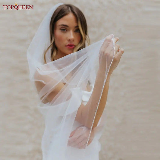 TOPQUEEN V107 Long Bridal Veils Crystal Beaded